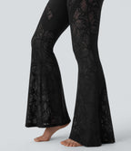 High Waisted Crossover Back Pocket Contrast Lace Flared Yoga Leggings — Black — view 8