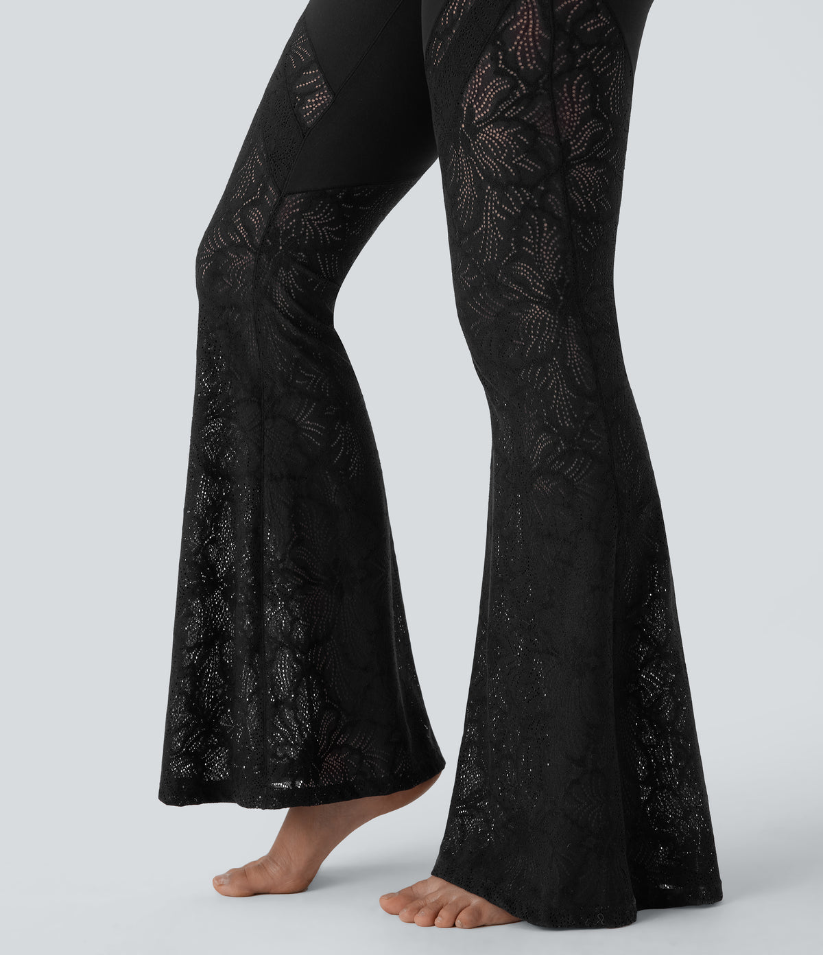 High Waisted Crossover Back Pocket Contrast Lace Flared Yoga Leggings — Black — view 8