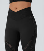 High Waisted Crossover Back Pocket Contrast Lace Flared Yoga Leggings — Black — view 6