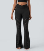 High Waisted Crossover Back Pocket Contrast Lace Flared Yoga Leggings — Black — view 3