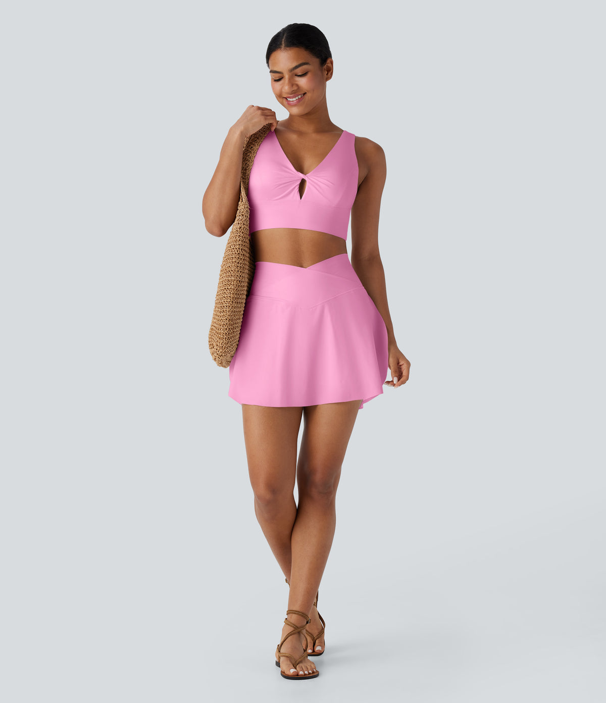 V Neck Twisted Cut Out Backless Quick Dry Resort Sports Bra — Pink Frosting — view 5