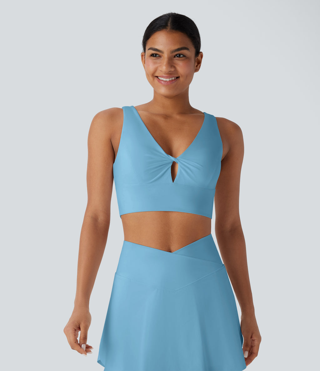 V Neck Twisted Cut Out Backless Quick Dry Resort Sports Bra — Sky Blue — view 6