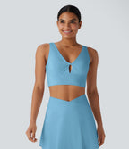 V Neck Twisted Cut Out Backless Quick Dry Resort Sports Bra — Sky Blue — view 6