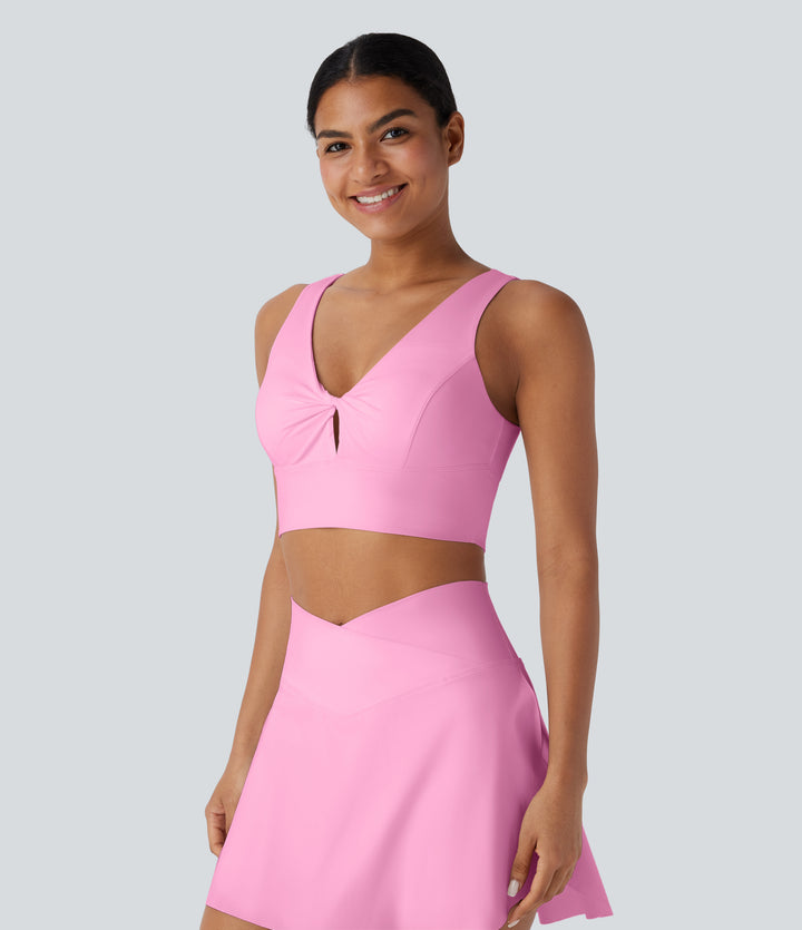 V Neck Twisted Cut Out Backless Quick Dry Resort Sports Bra — Pink Frosting — view 1