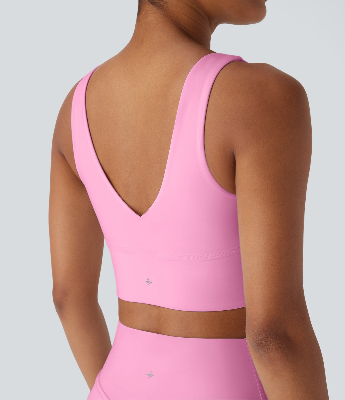V Neck Twisted Cut Out Backless Quick Dry Resort Sports Bra — Pink Frosting — view 4