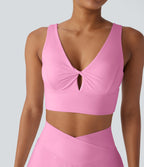 V Neck Twisted Cut Out Backless Quick Dry Resort Sports Bra — Pink Frosting — view 3