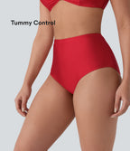 High Waisted Tummy Control Sheen Bikini Bottom Swimsuit — Tomato — view 1