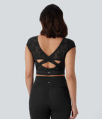 Contrast Lace Crossover Hem Cropped Yoga Sports Top — Black — view 1