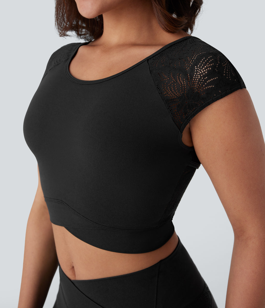 Contrast Lace Crossover Hem Cropped Yoga Sports Top — Black — view 5