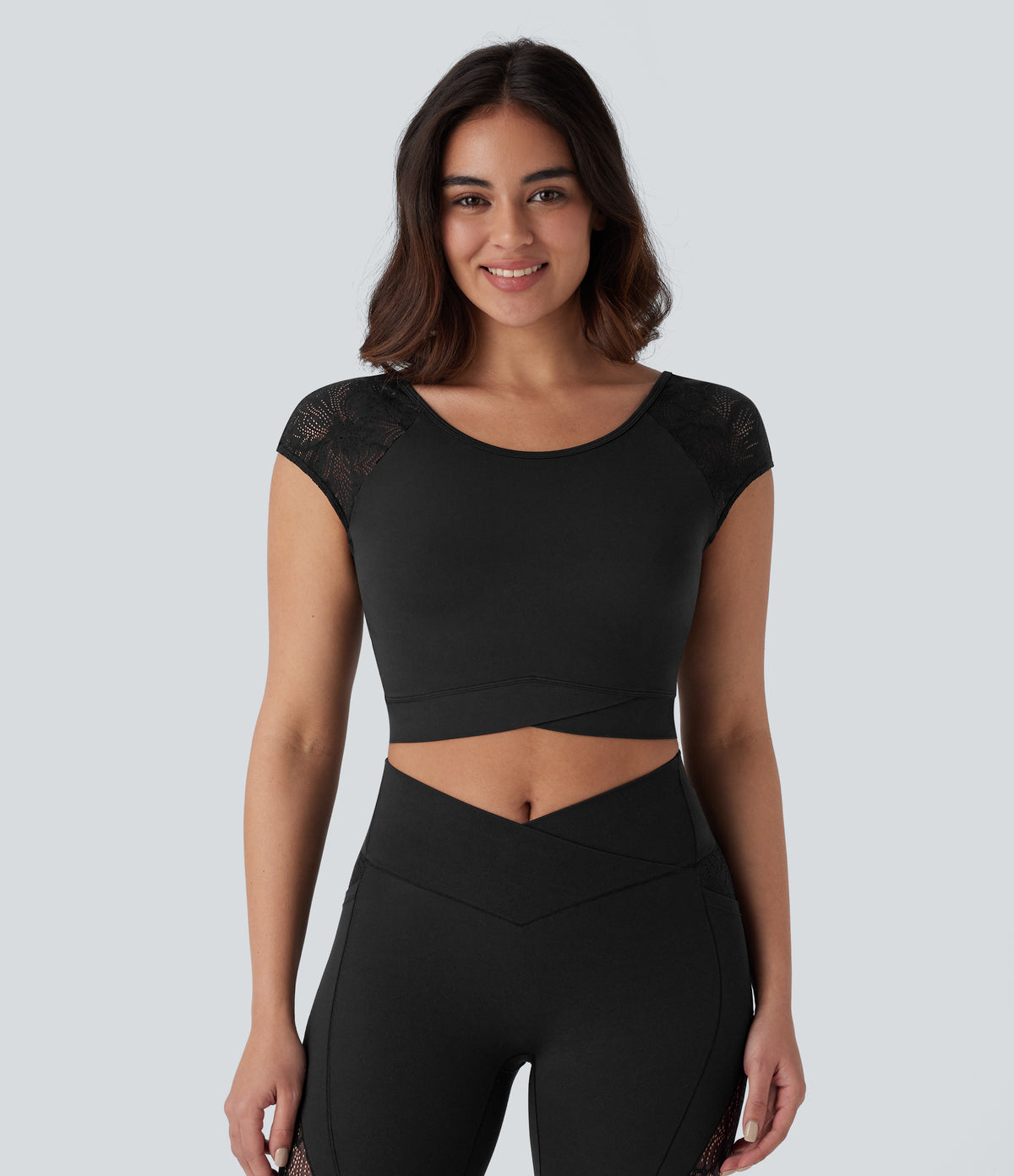 Contrast Lace Crossover Hem Cropped Yoga Sports Top — Black — view 2