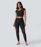 Contrast Lace Crossover Hem Cropped Yoga Sports Top — Black — view 6