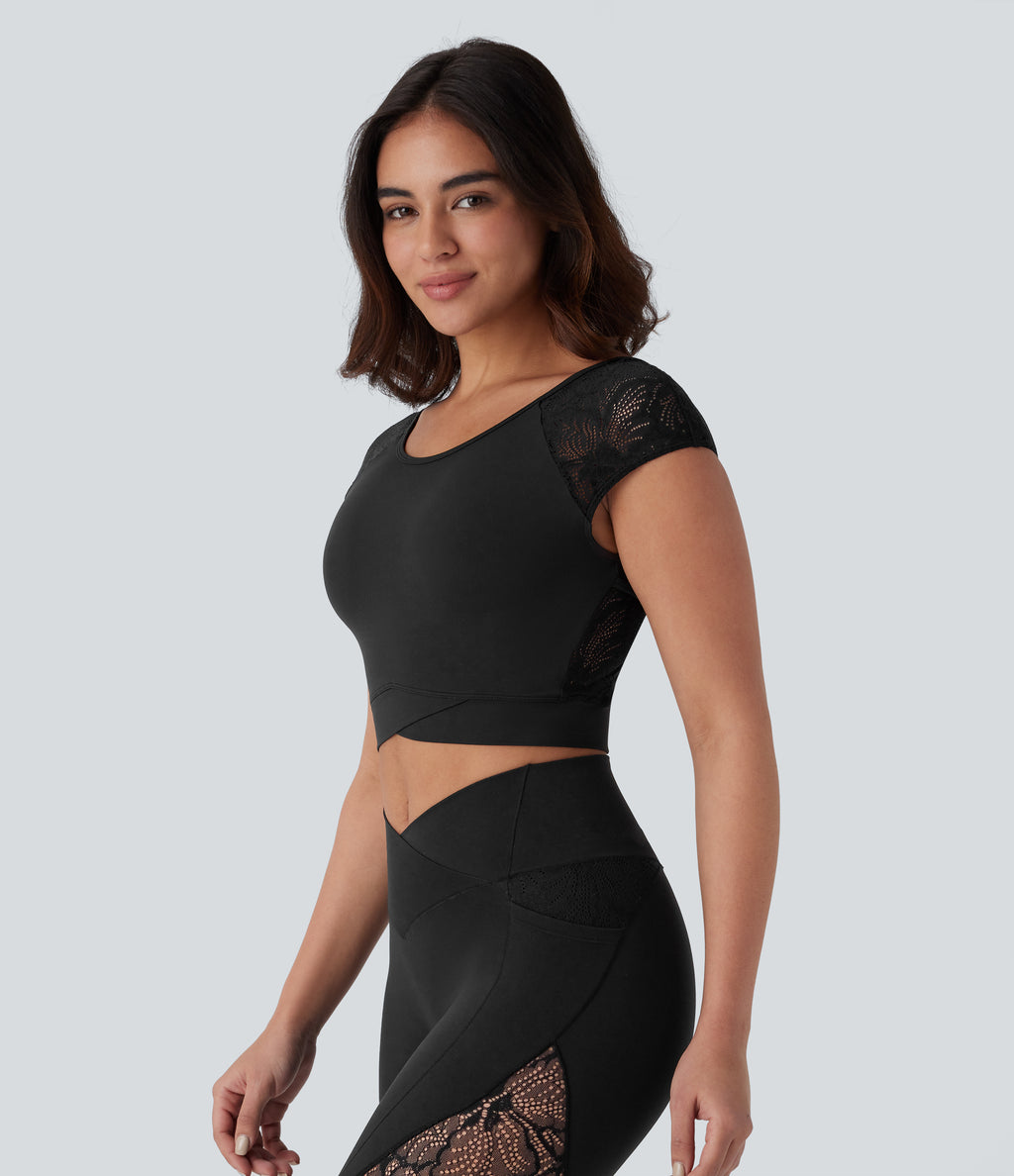 Contrast Lace Crossover Hem Cropped Yoga Sports Top — Black — view 3