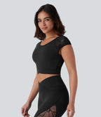 Contrast Lace Crossover Hem Cropped Yoga Sports Top — Black — view 3