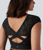 Contrast Lace Crossover Hem Cropped Yoga Sports Top — Black — view 4