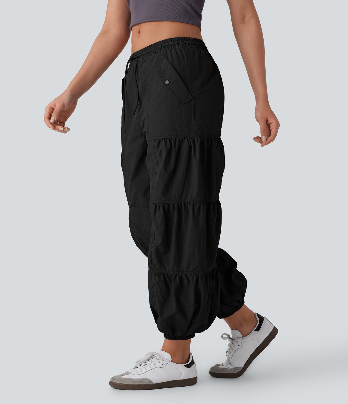 Mid Rise Drawstring Side Pocket Ruched Parachute Casual Cargo Joggers — Black — view 1