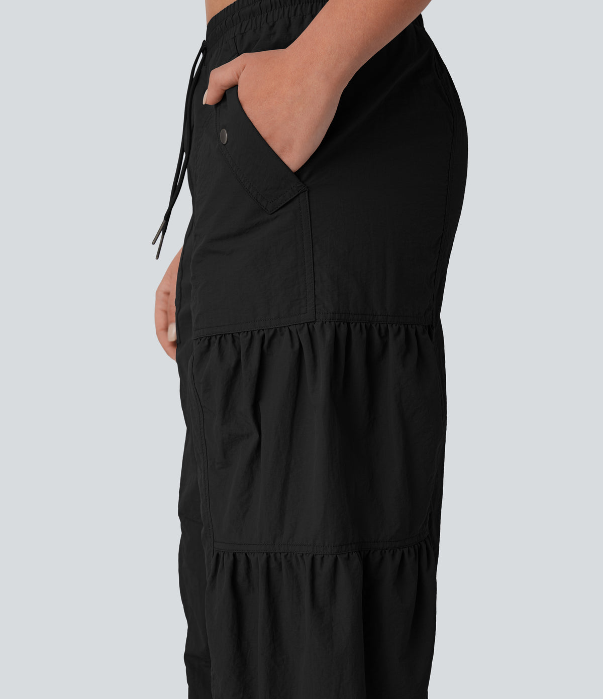Mid Rise Drawstring Side Pocket Ruched Parachute Casual Cargo Joggers — Black — view 7