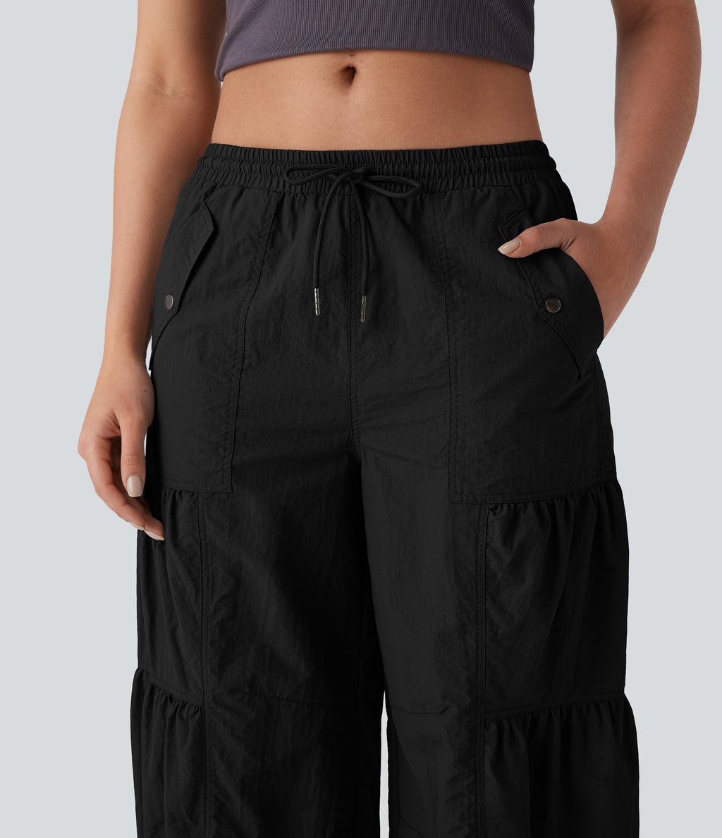 Mid Rise Drawstring Side Pocket Ruched Parachute Casual Cargo Joggers — Black — view 5