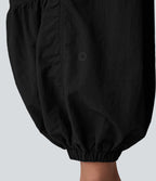 Mid Rise Drawstring Side Pocket Ruched Parachute Casual Cargo Joggers — Black — view 8