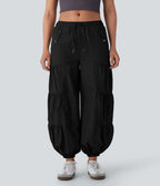 Mid Rise Drawstring Side Pocket Ruched Parachute Casual Cargo Joggers — Black — view 3