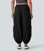 Mid Rise Drawstring Side Pocket Ruched Parachute Casual Cargo Joggers — Black — view 2
