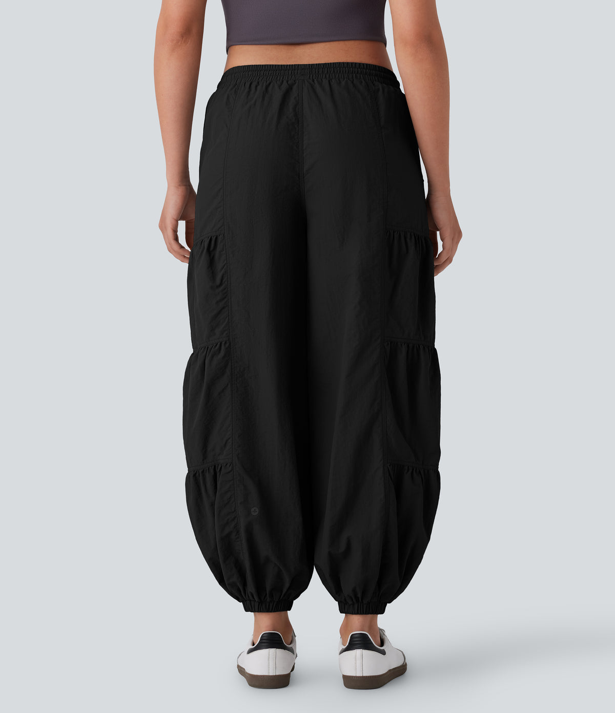 Mid Rise Drawstring Side Pocket Ruched Parachute Casual Cargo Joggers — Black — view 2