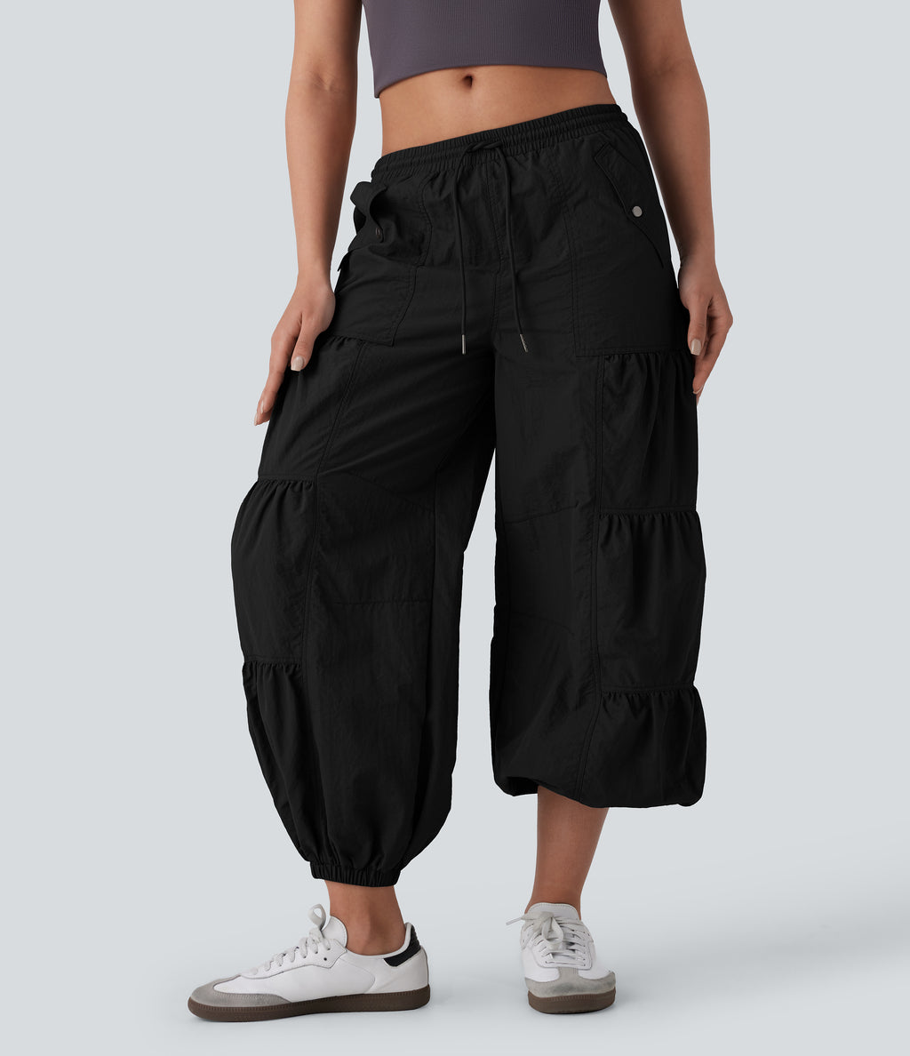 Mid Rise Drawstring Side Pocket Ruched Parachute Casual Cargo Joggers — Black — view 4