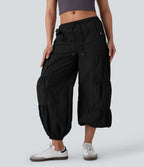 Mid Rise Drawstring Side Pocket Ruched Parachute Casual Cargo Joggers — Black — view 4