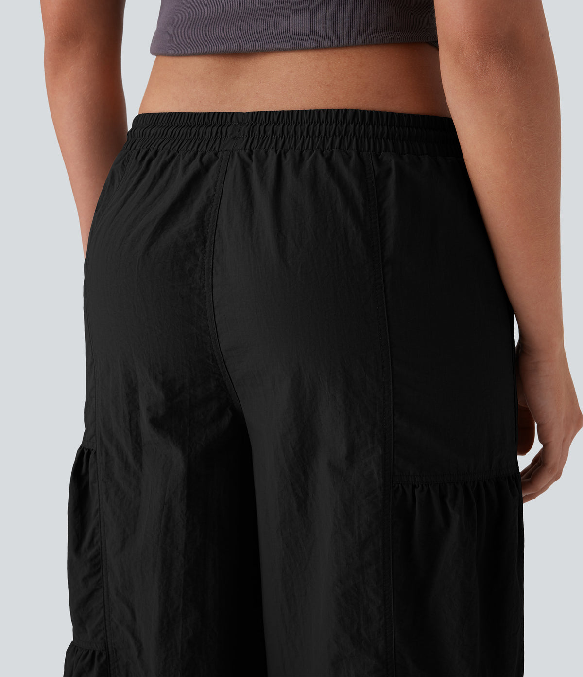 Mid Rise Drawstring Side Pocket Ruched Parachute Casual Cargo Joggers — Black — view 6