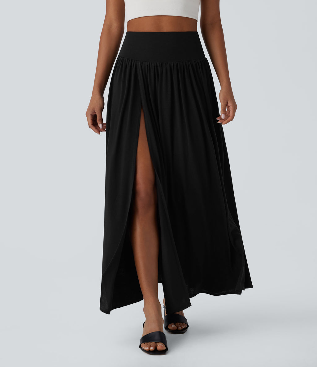 High Waisted Split 2-in-1 Flowy Maxi Casual Skirt — Black — view 9