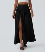 High Waisted Split 2-in-1 Flowy Maxi Casual Skirt — Black — view 9