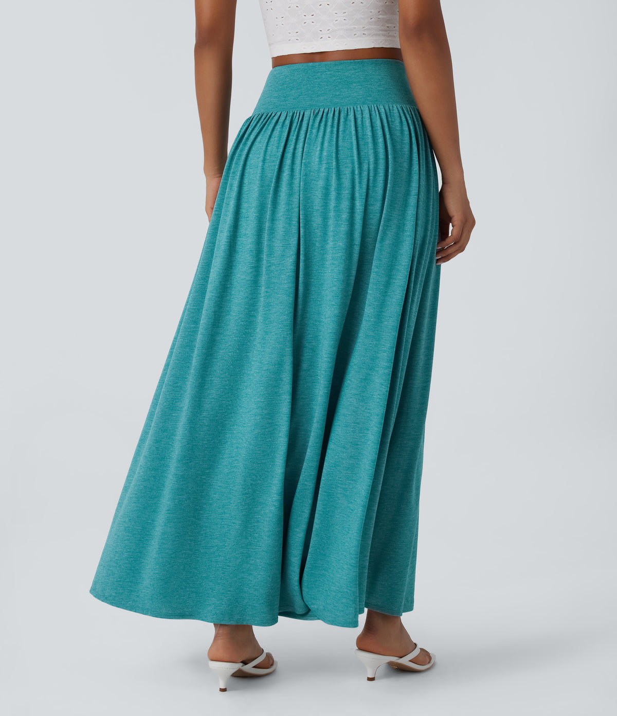 High Waisted Split 2-in-1 Flowy Maxi Casual Skirt — Stone Green Floral Yarn — view 2