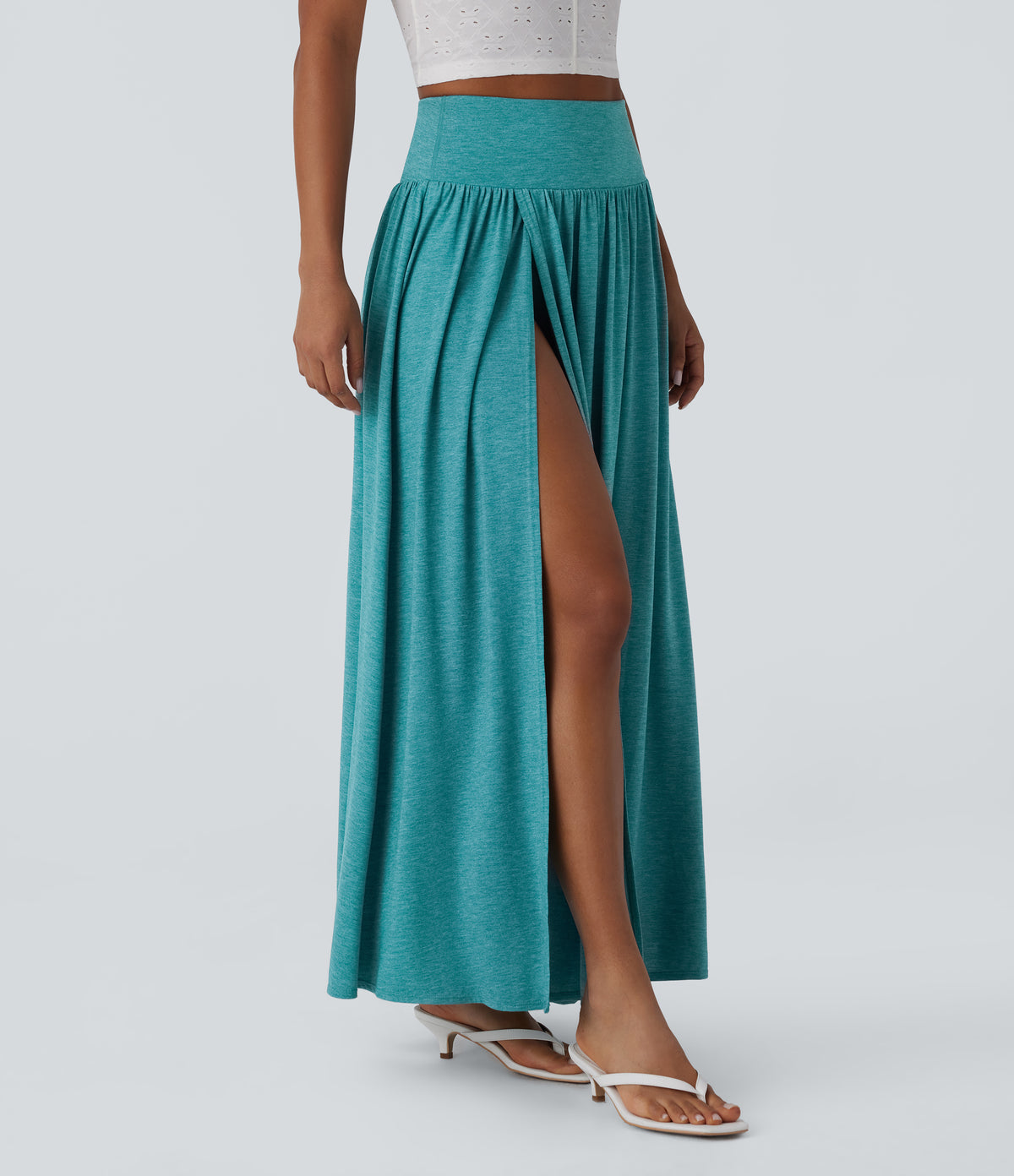 High Waisted Split 2-in-1 Flowy Maxi Casual Skirt — Stone Green Floral Yarn — view 3