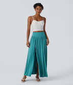 High Waisted Split 2-in-1 Flowy Maxi Casual Skirt — Stone Green Floral Yarn — view 6