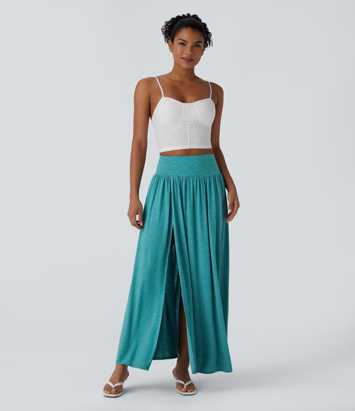 High Waisted Split 2-in-1 Flowy Maxi Casual Skirt — Stone Green Floral Yarn — view 6