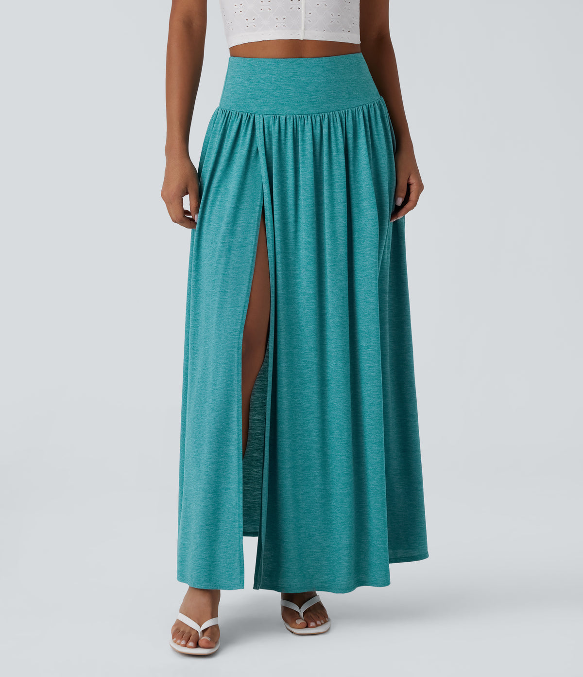 High Waisted Split 2-in-1 Flowy Maxi Casual Skirt — Stone Green Floral Yarn — view 8