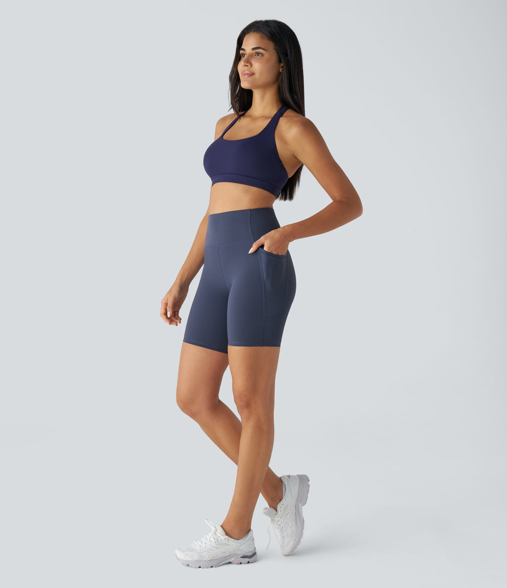High Waisted Tummy Control Pocket Training Biker Shorts 7'' — Mood Indigo — view 6