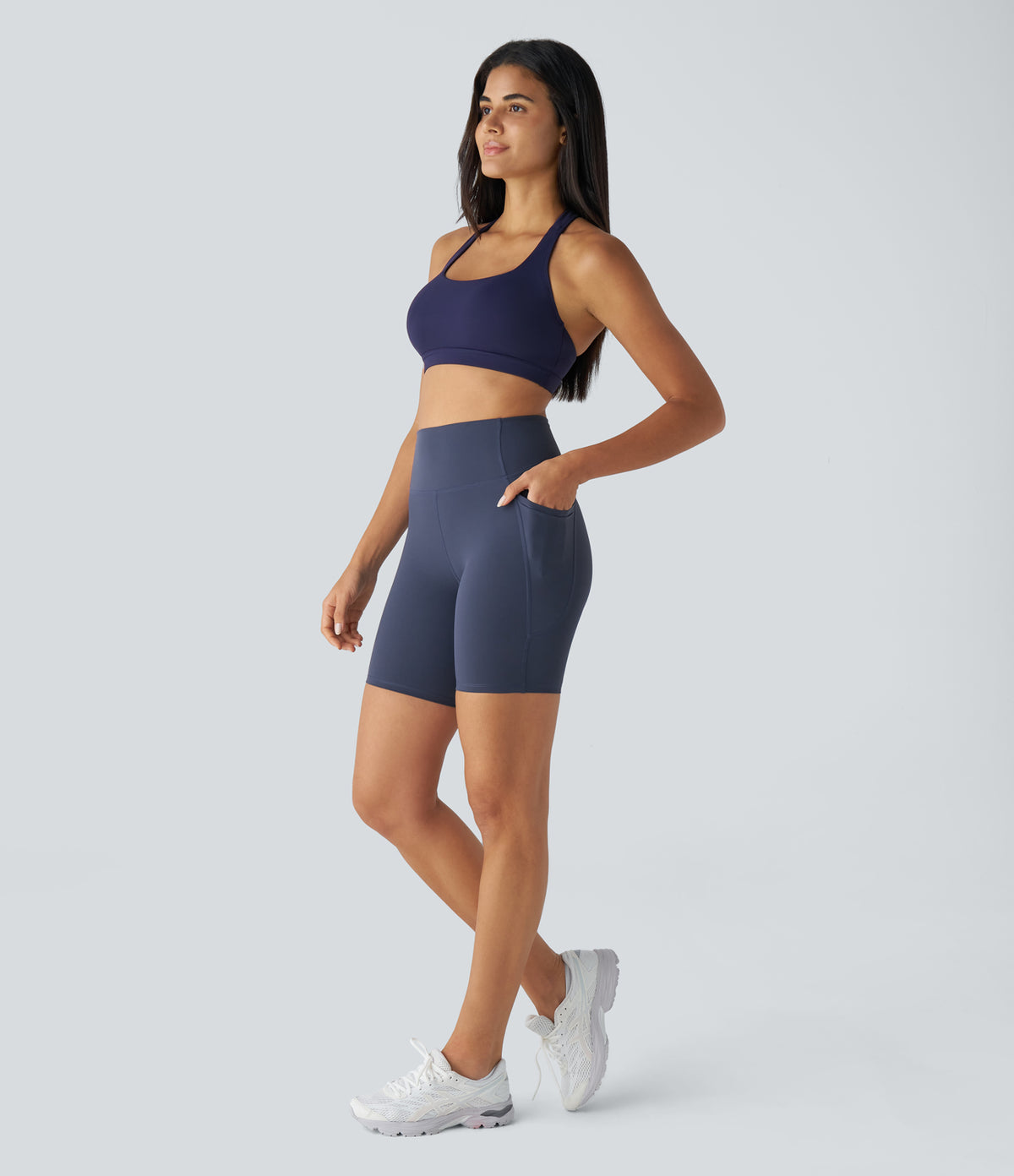 High Waisted Tummy Control Pocket Training Biker Shorts 7'' — Mood Indigo — view 6