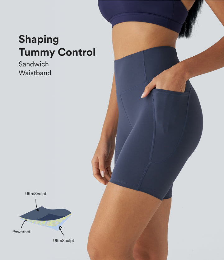High Waisted Tummy Control Pocket Training Biker Shorts 7'' — Mood Indigo — view 1