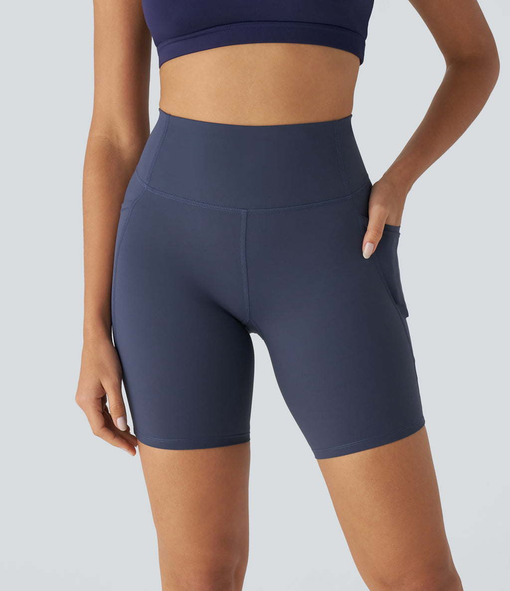 High Waisted Tummy Control Pocket Training Biker Shorts 7'' — Mood Indigo — view 3