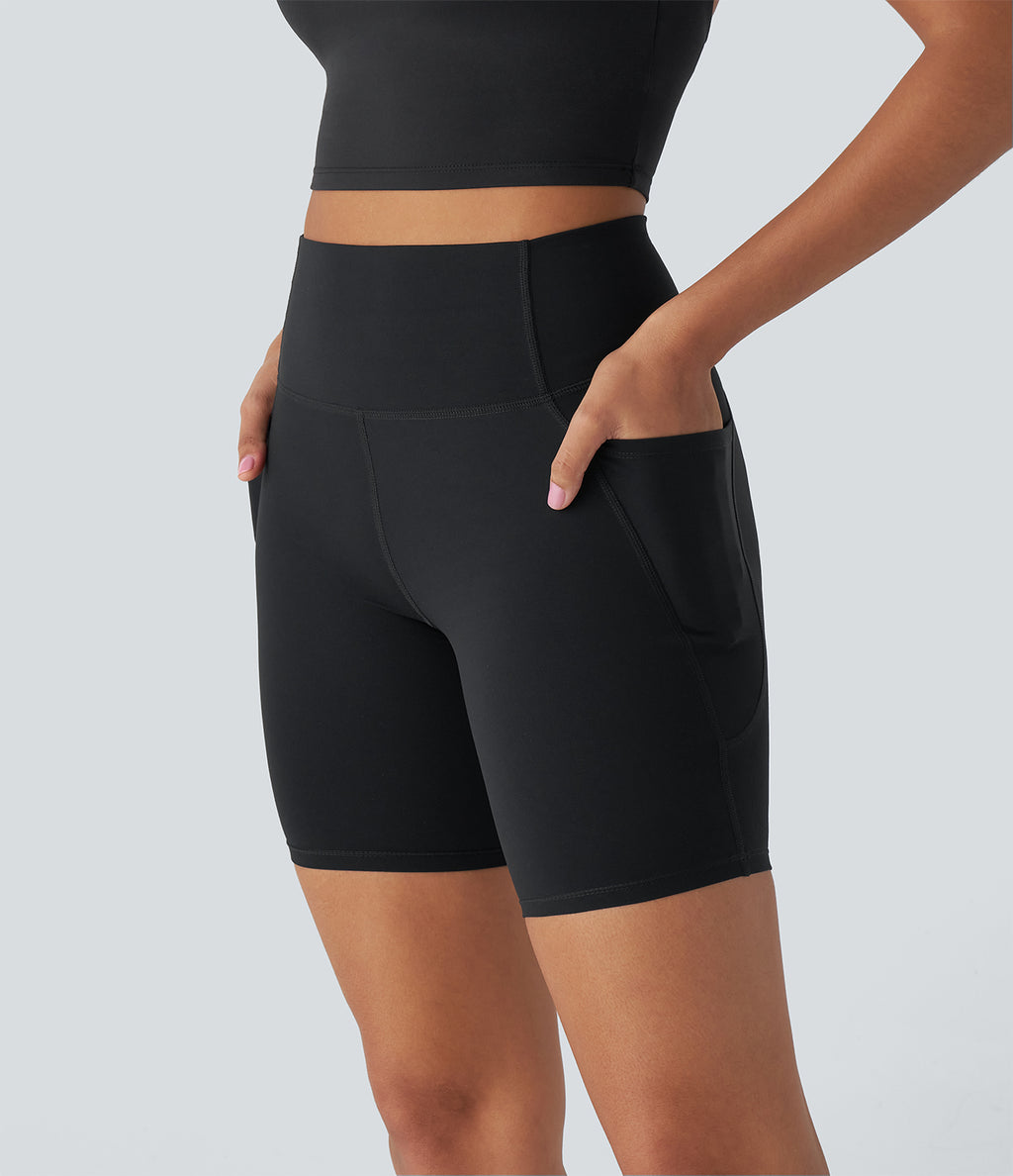High Waisted Tummy Control Pocket Training Biker Shorts 7'' — Black — view 7