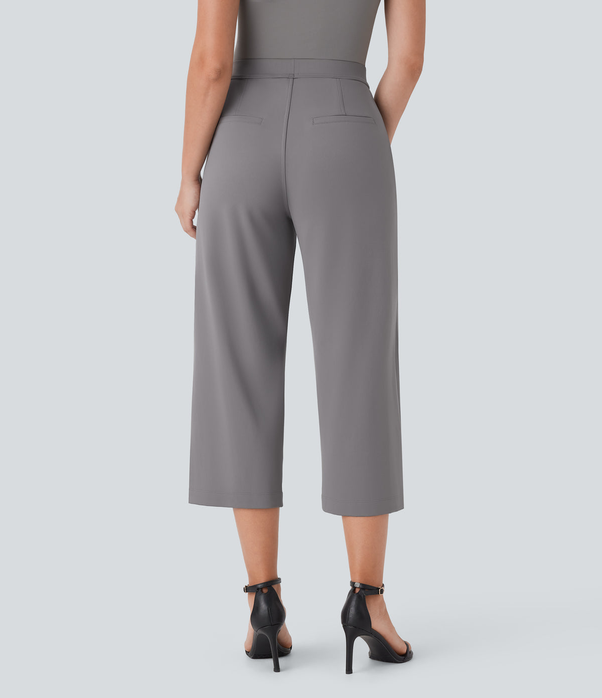 High Waisted Side Pocket Straight Leg Capri Work Trousers — Silent Storm — view 2