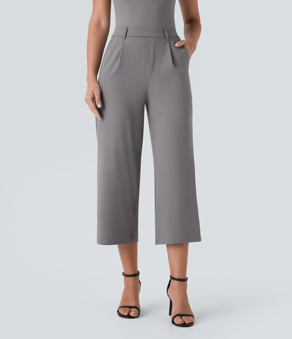 High Waisted Side Pocket Straight Leg Capri Work Trousers — Silent Storm — view 1