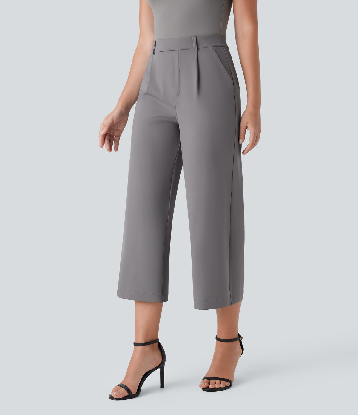 High Waisted Side Pocket Straight Leg Capri Work Trousers — Silent Storm — view 3