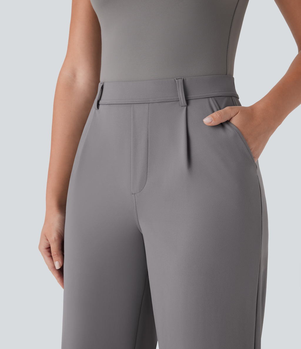 High Waisted Side Pocket Straight Leg Capri Work Trousers — Silent Storm — view 4