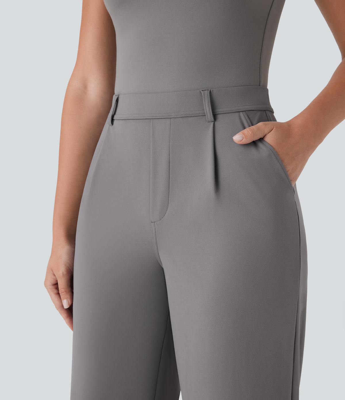 High Waisted Side Pocket Straight Leg Capri Work Trousers — Silent Storm — view 4