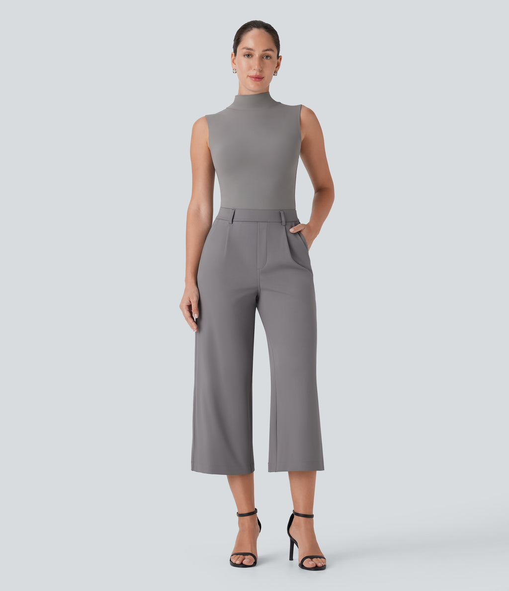 High Waisted Side Pocket Straight Leg Capri Work Trousers — Silent Storm — view 6