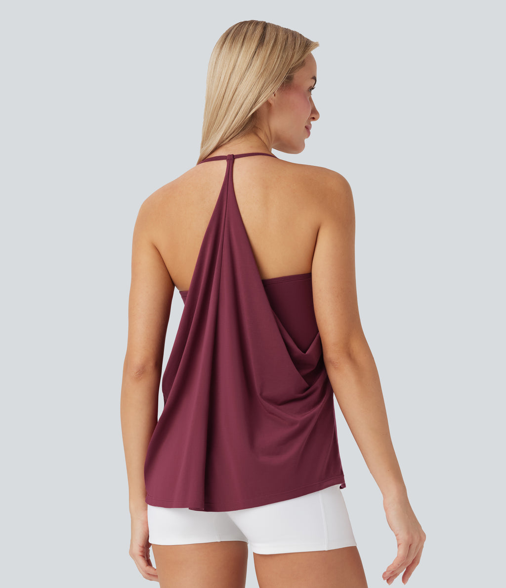 Airy Halter Draped InstantCool Yoga Sports Top — Cordovan — view 9