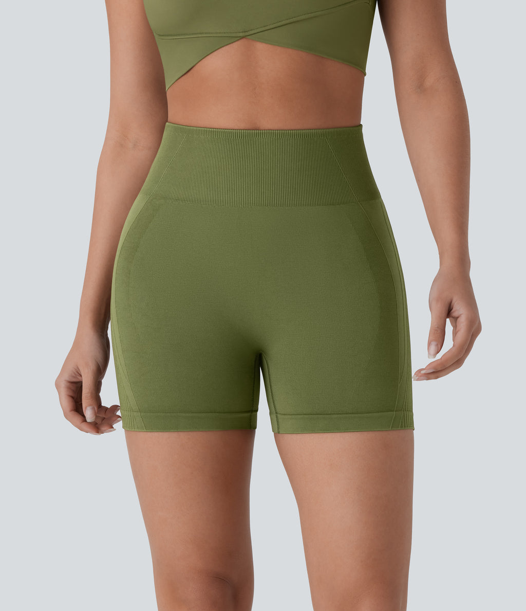 OneForm Seamless Flow High Waisted Yoga Biker Shorts 4'' — Iguana — view 3