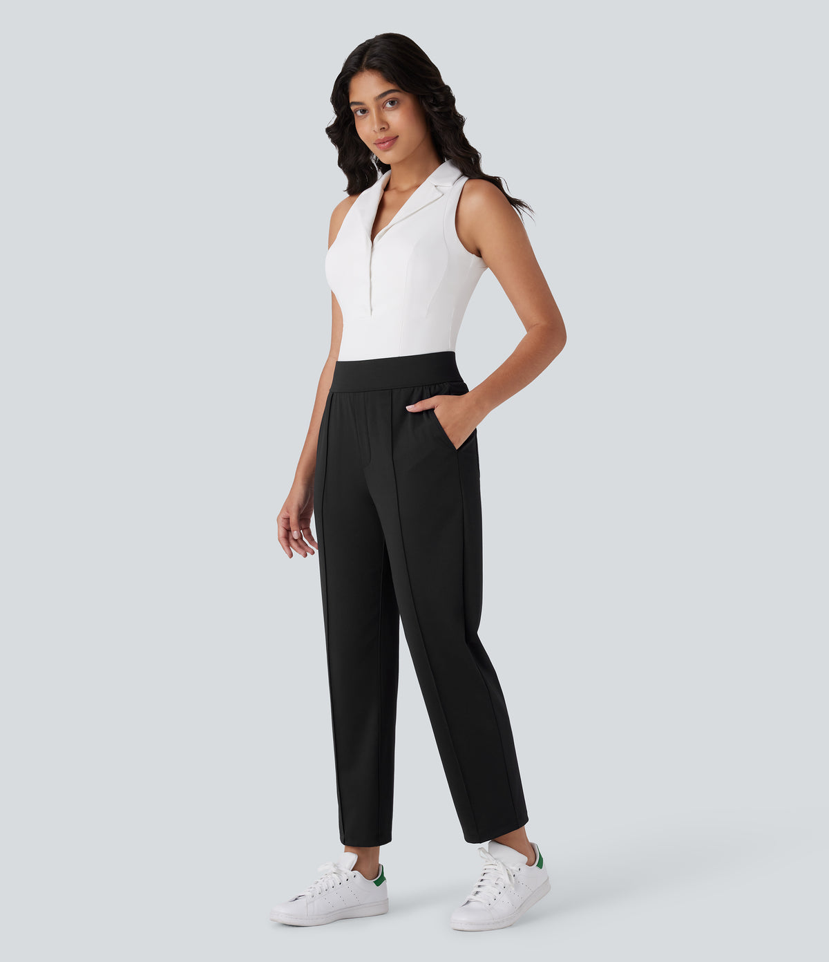 Mid High Waisted Pockets Quick Dry Golf Trousers-Golf Tee-UPF40+ — Black — view 3