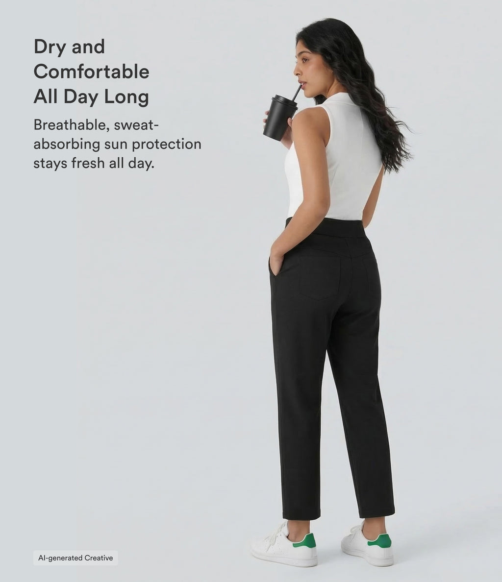 Mid High Waisted Pockets Quick Dry Golf Trousers-Golf Tee-UPF40+ — Black — view 4